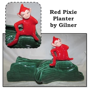 May include: Red pixie planter by Gilner. A red pixie figurine sits on a green log planter.