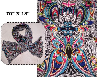 Vintage Long Head Neck Scarf Shawl, Black & White with Colorful Paisley Design