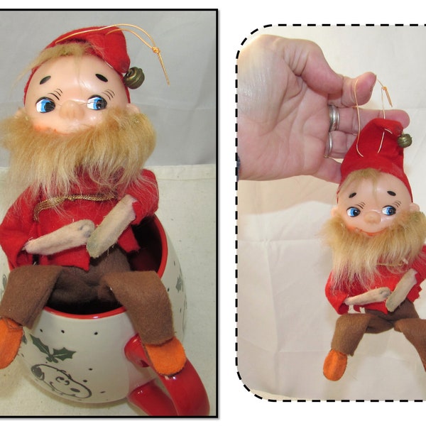 Vintage Bendable Christmas Gnome Tree Ornament, 70s, Beard & Plastic Face