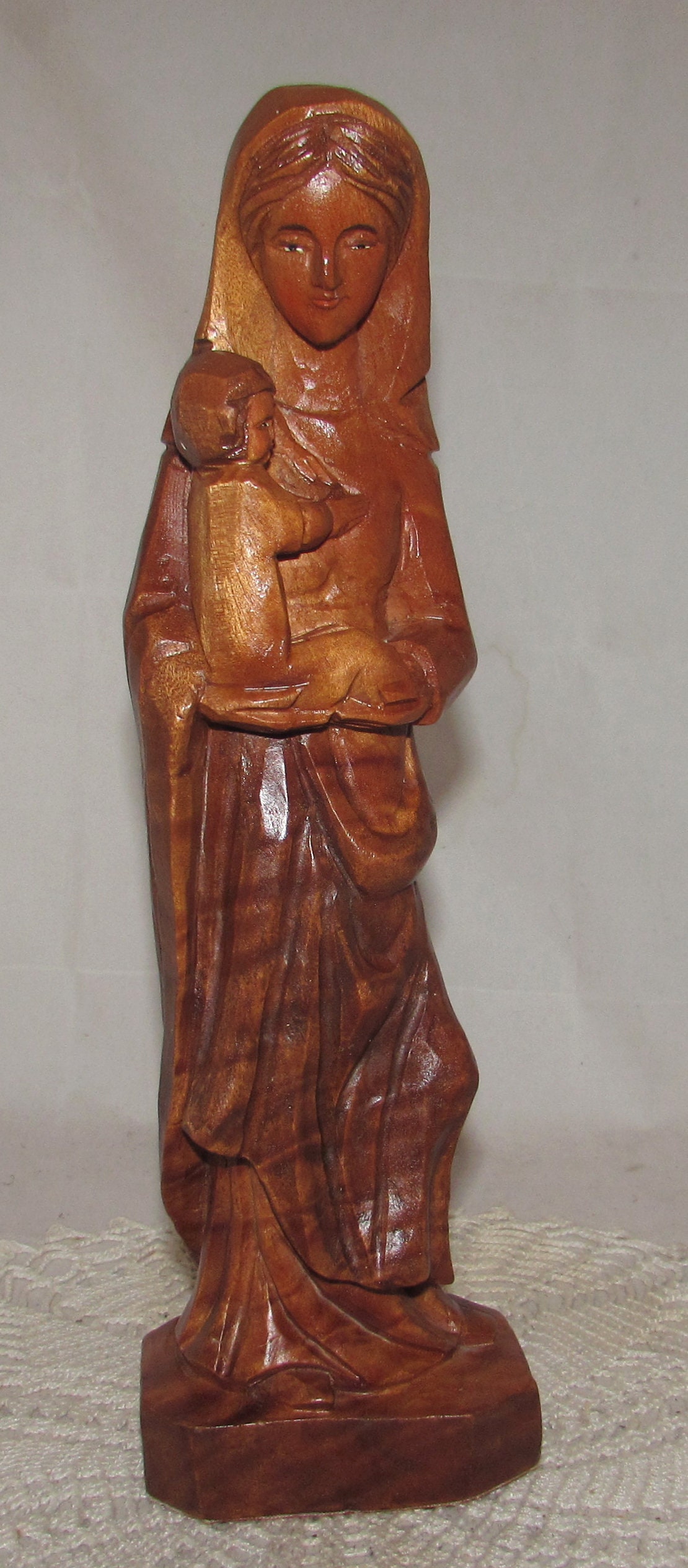 Vintage Hand Carved Wood Virgin Mary & Baby Jesus Statue, Holy Mother ...