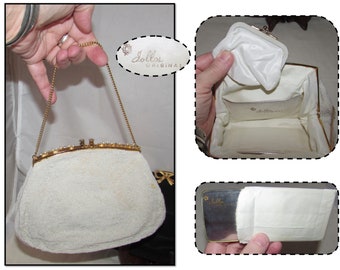 Vintage White Beaded with Rhinestone Clasp, Matching Coin Purse & Mirror by Jolle's Original