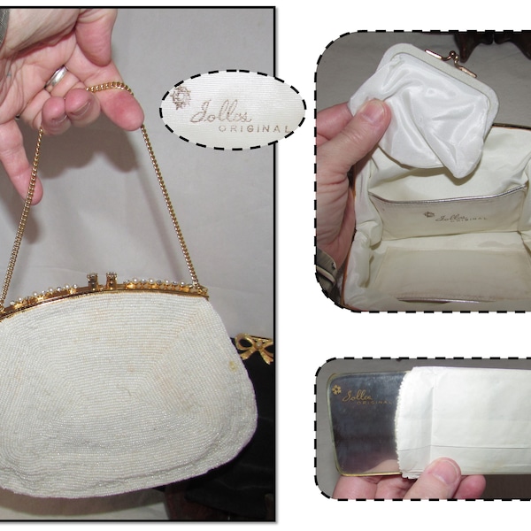 Vintage White Beaded with Rhinestone Clasp, Matching Coin Purse & Mirror by Jolle's Original