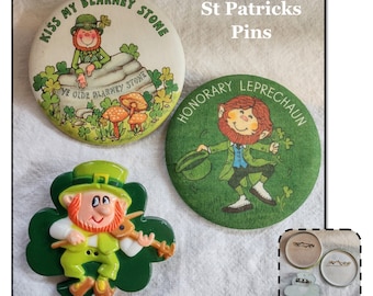 3 - Vintage St Patricks Day Leprechaun Button Pins, Kiss My Blarney Stone, Honorary, Shamrock