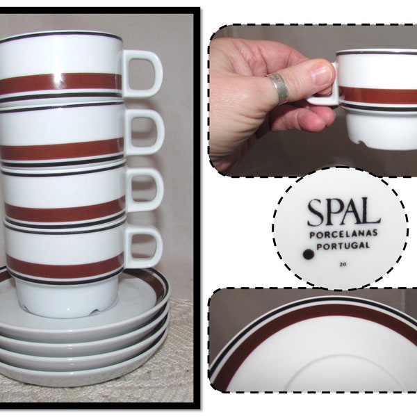 Set of 4 - Vintage White Porcelain Coffee Cups & Saucers by SPAL Porcelanas - Portugal, Black and Brown Stripes