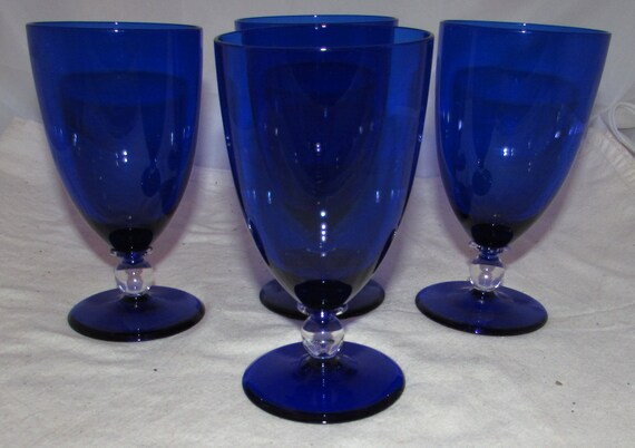 Cobalt Blue Goblets, 4 Blue Wine Glasses, Blue Wine Goblet