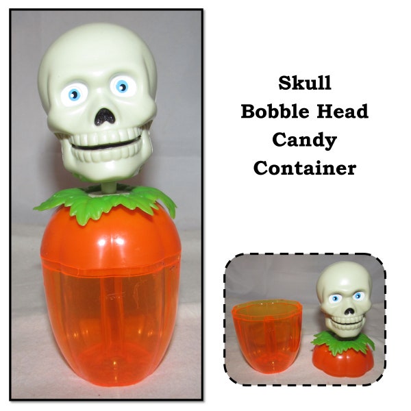 Vintage Plastic Halloween Candy Container with Skeleton Skull Head Lid by HilCo