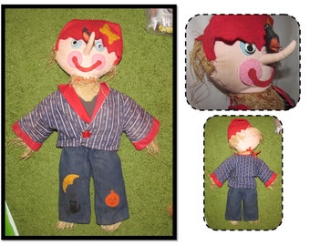 Large Vintage Handmade Stuffed Cloth Scarecrow Doll with a Bird on his Nose