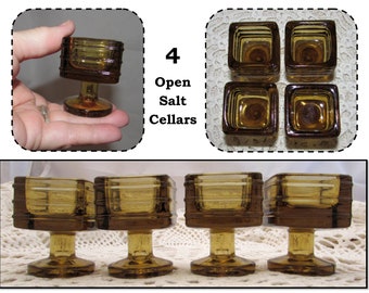 4 - Antique Square Footed Brown Glass Open Salt Cellars w/ Ribbed Sides