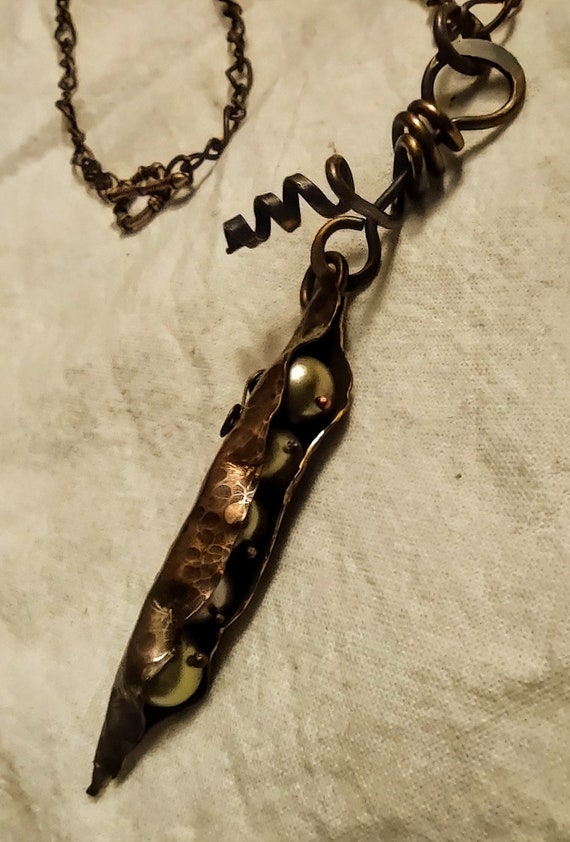 Vintage Hammered Copper Peapod with Green Pearls … - image 2