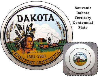 Vintage Small Ceramic Souvenir Dakota Territory Centennial Wall Plate, 1961, American Indian, Pioneers