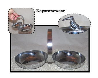 Vintage Chrome Plated Copper 2 Section Nut Dish with Handle & Toucan Bird by Keystonewear, USA
