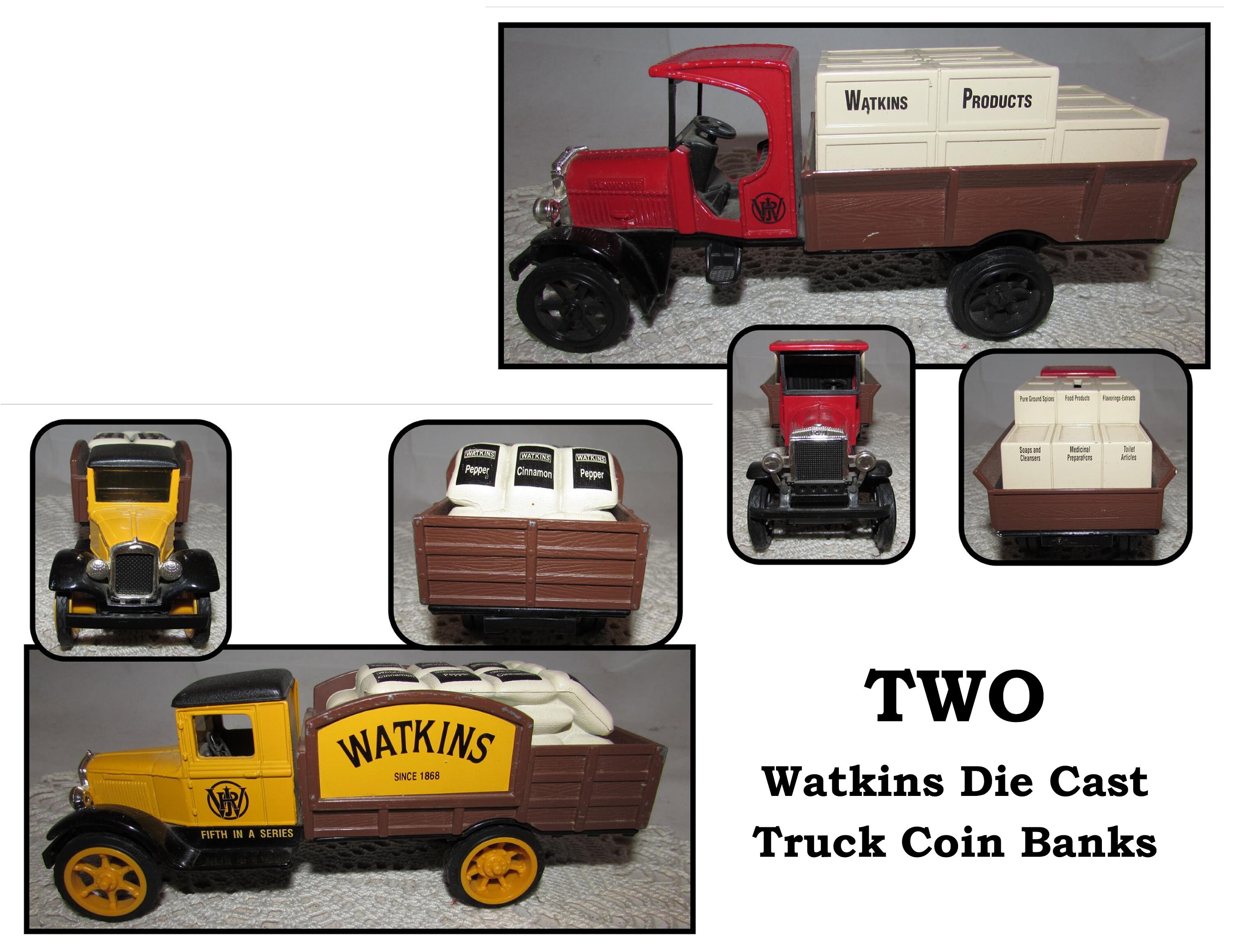 TWO Vintage Watkins Die Cast Toy Truck Banks by ERTL Yellow 1931