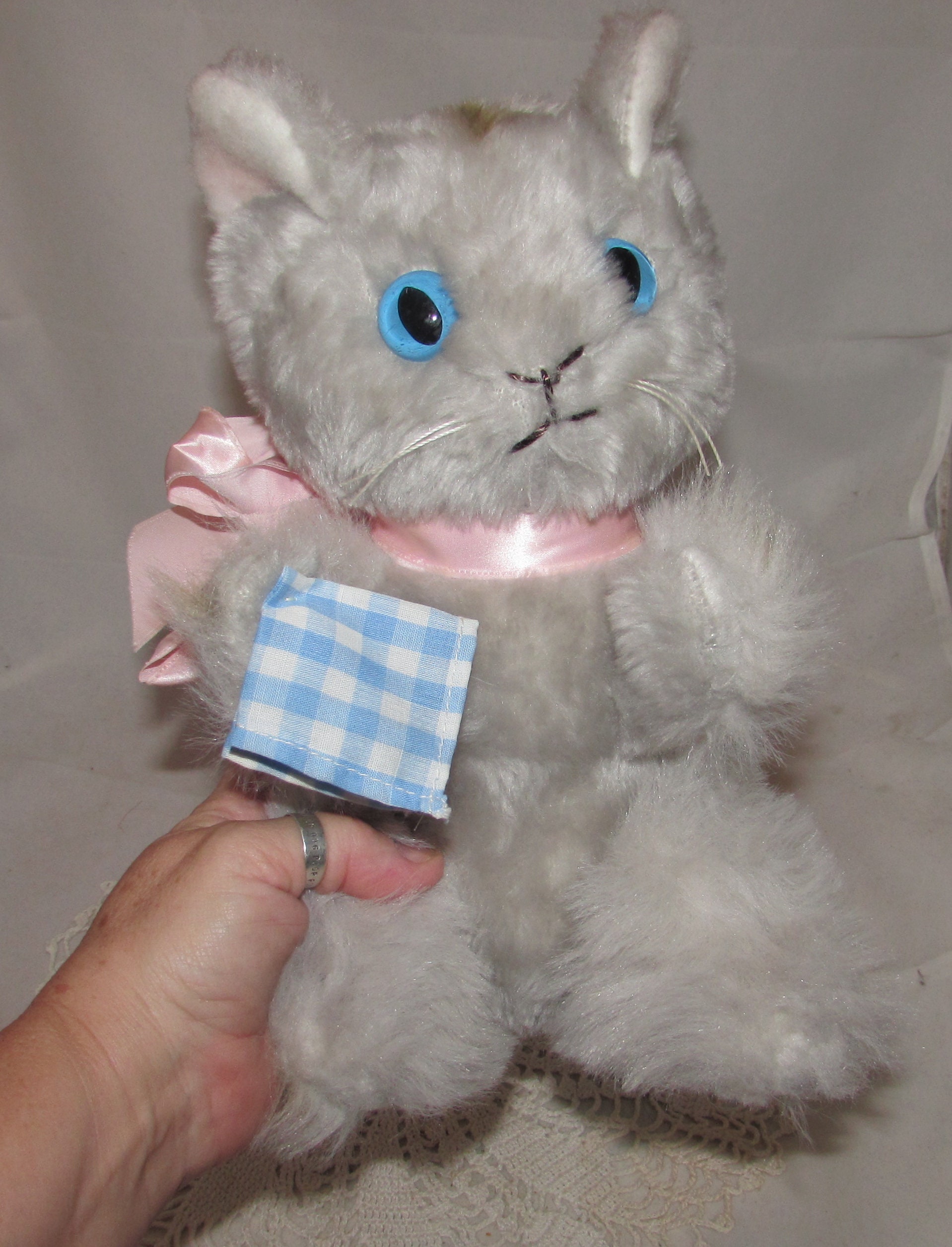 Vintage Stuffed Plush Gray Kitty Cat W/ Blue Eyes, Pink Ribbon by