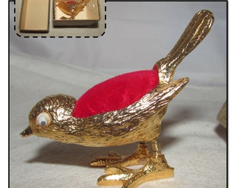 Vintage Gold Tone Nodder Bird Pincushion with Googly Eyes by Florenza in Original box