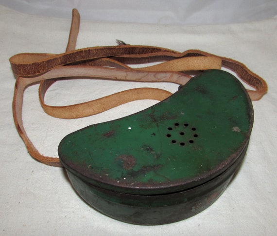 Vintage Green Metal Fishing Bait Worm Hip Box With Leather Belt 