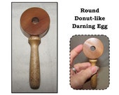 Vintage Round Donut Like Wood Darning Egg with Handle, Sewing notion tool