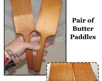 Pair of Vintage Wooden Butter Paddles, Ribbed, Grooved, Butter Making Utensil