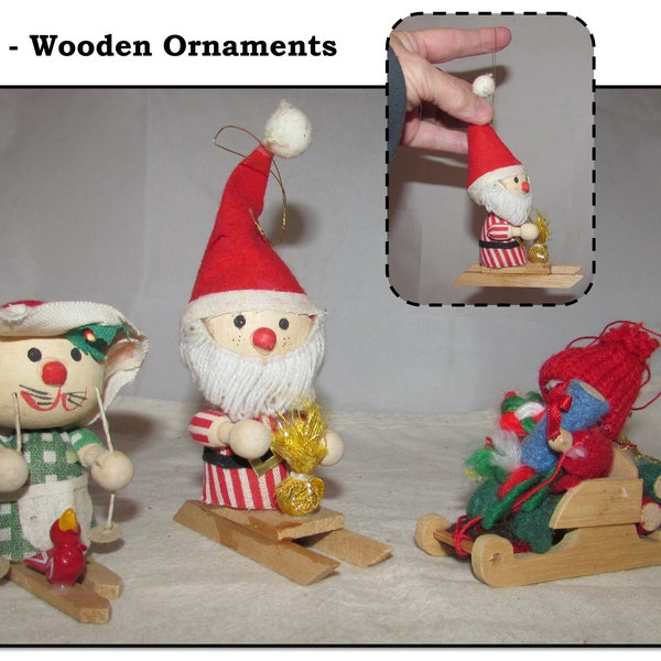 3 - Vintage Wood Christmas Ornaments, Skiing Lady Cat & Santa, Boy on Sled