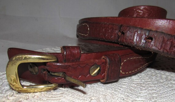 Vintage brown tooled leather belt with brass women’s Corrections buckle XL s-l1200.jpg main image 2