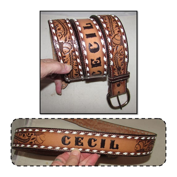 Vintage Tooled Leather Western Belt, Name CECIL by Wright, Size 42