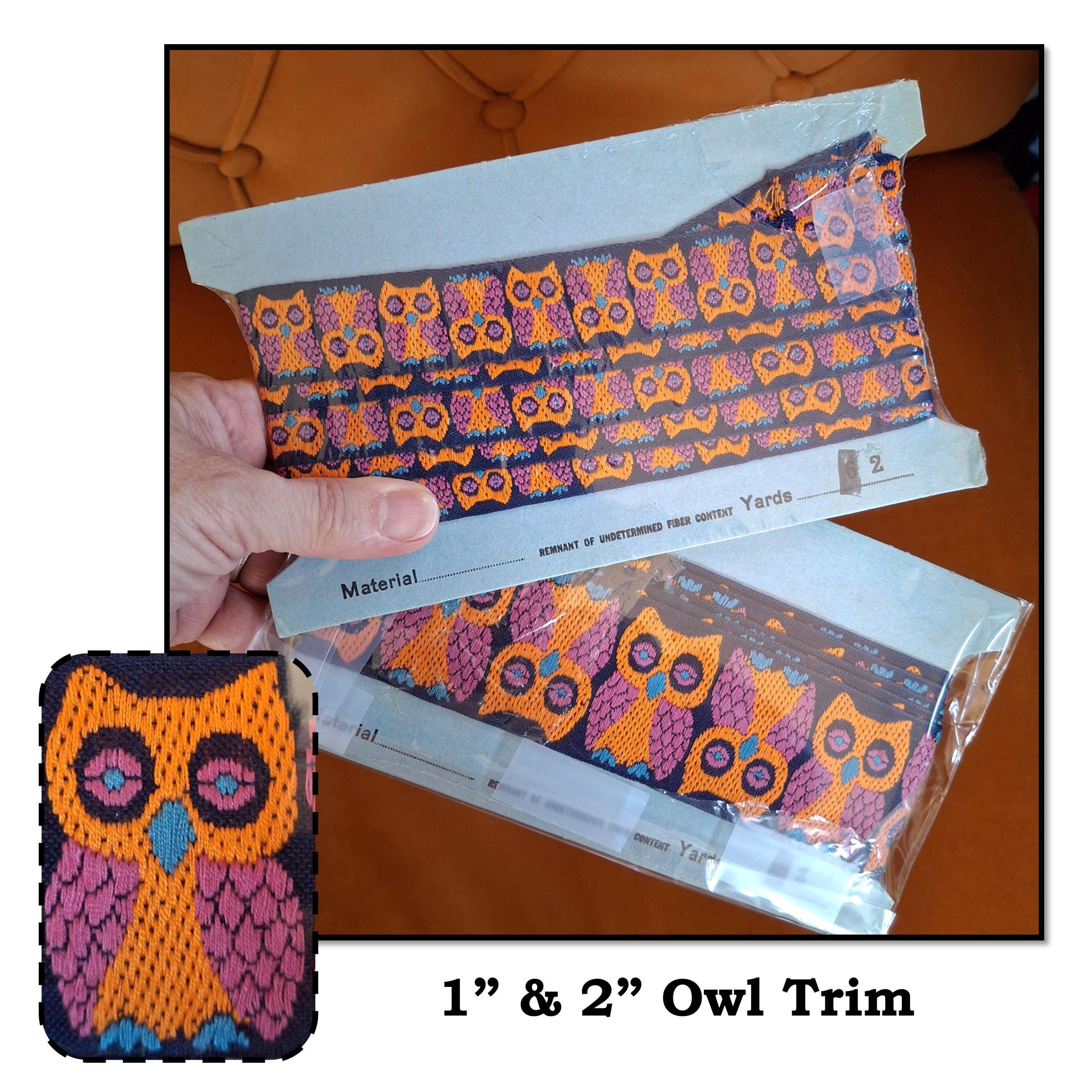 2  Packets - Vintage Embroidered Owls Trim, Navy Background with Orange Pink Owls 1" & 2&qu