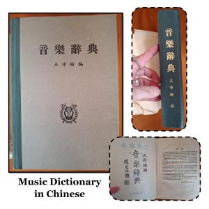 May include: A green hardcover book with the title "音樂辭典" (Music Dictionary) in Chinese characters. The book has a gold lyre symbol on the front cover and the author's name, "王沛綺" (Wang Peiqi), is printed below the title.
