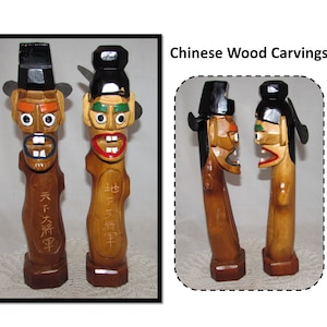 Pair of Vintage Hand Carved Wood Chinese Figurines, Asian Man & Woman, No Arms, Teeth