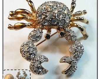 Vintage Gold Tone & Rhinestone Crab Pin Brooch, Astrological Cancer