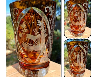 Vintage Heavy Bohemian Cut Glass Brown Vase w/ Deer, Birds & Tower