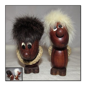 Vintage Teak Wood Figures with Fur Hair, Optimist & Pessimist, Denmark