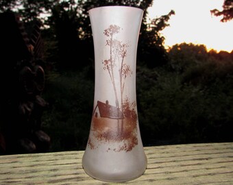 Vintage Thin Frosted Glass Bud Vase w/ Hand Painted Country House Scene in Brown