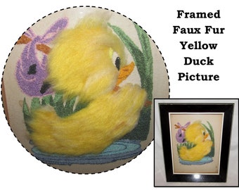 Vintage Wood Framed Punch Needle Stitched, Crewel, Yellow Faux Fur Little Duck Swimming Away from Home, wall art