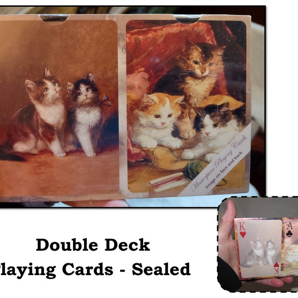 Vintage SEALED Double Deck Set of Masterpiece Playing Cards with Storage Box, Kittens Playing
