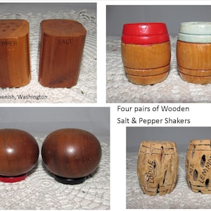 May include: Four pairs of wooden salt and pepper shakers. The collection includes rectangular, barrel-shaped, and spherical designs. One pair is labeled "Pepper" and "Salt". The text "Toppenish, Washington" is also visible.