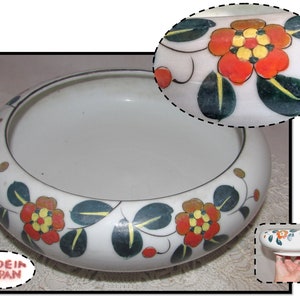 Vintage White Stoneware Console Dish Bowl w/ Hand Painted Flowers Orange Green, Japan