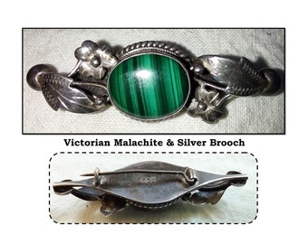 Antique Victorian 925 Sterling Silver Bar Brooch with Green Malachite Stone, Scottish