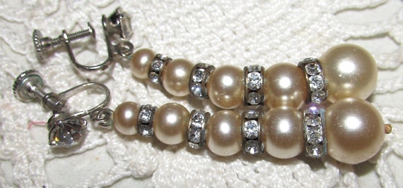 Two Pair of Vintage Rhinestone & Faux Pearls Scre… - image 3