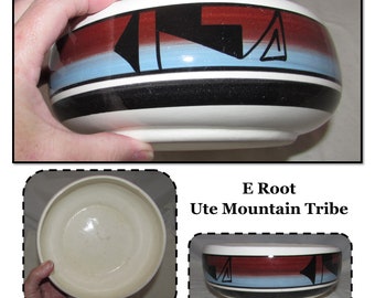 Vintage Native American Indian Pottery Bowl, Signed E Root, Ute Mountain Tribe