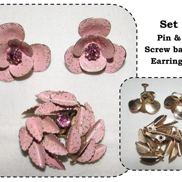 Vintage Pink Enamel Screw Back Earrings & Brooch Pin Set Flowers w/ Pink Rhinestones, Gold Specks