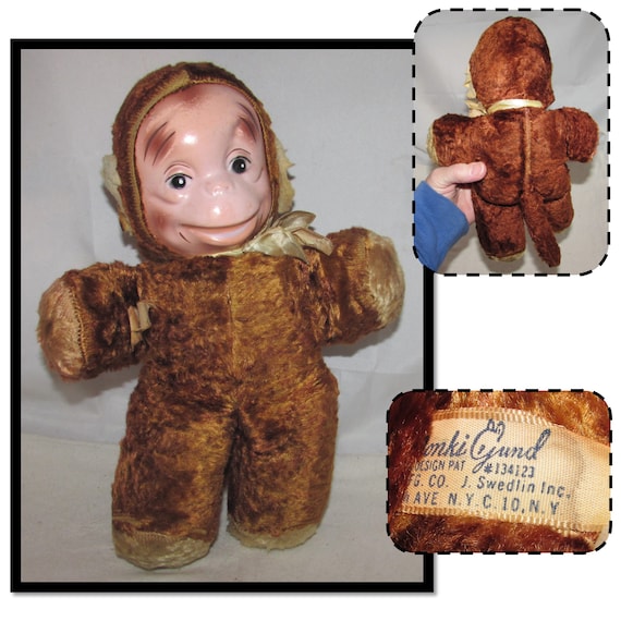 * vintage animal ୨୧ * ふわもこ brown クマちゃん Vintage Plastic Face Brown Plush Monkey, Monki Gund, J. Swedlin - Etsy