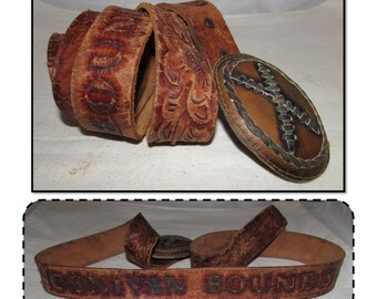 Vintage Tooled Leather Western Belt with Oval Leather Buckle by Live Oak, Name Donivan Bounds