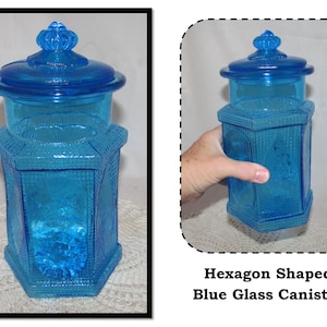 Vintage Blue Glass Hexagon Shaped Panel Jar, Kitchen Canister w/ Asian Pagoda Type Design, India