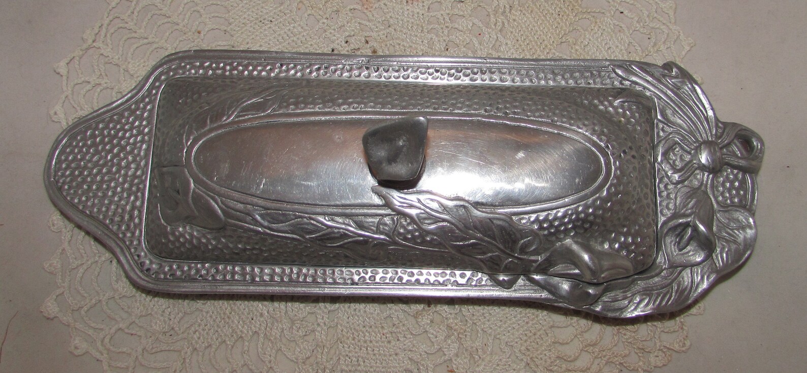 Vintage Long Pewter Butter Dish W/ Lid Raised Lily Flowers Etsy