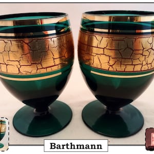 2 - Vintage Barthmann Crystal Emerald Green Glass Crackle Gold Wine Glasses Germany