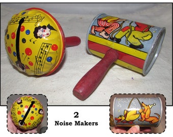 2 - Vintage Tin Noise Makers with Wood Handles, Circus Clowns & Faces by Kirchoff, Newark, USA