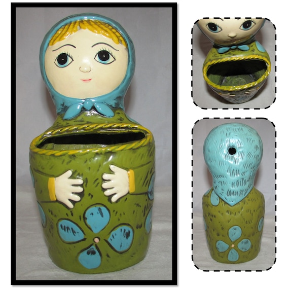 Vintage Gemma Taccogna Style Paper Mache Girl Lady Holder, Tabletop or Wall Pocket by Pride Creations, Japan