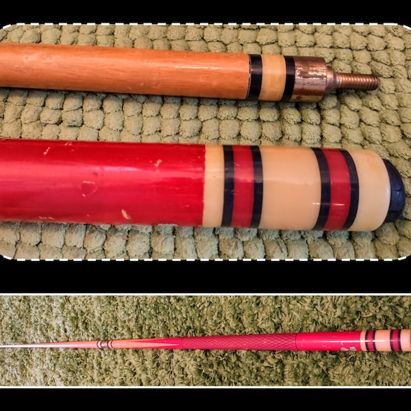 Vintage Unknown Pool Cue Billiard Stick, Red Black Rings, Cross Hatch Handle