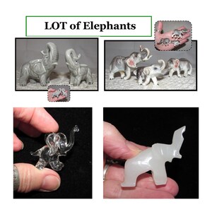 LOT of Mini - Vintage Elephant Figurines - 3 Gray Bisque, 2 Gray Ceramic, Carved Stone, Blown Glass