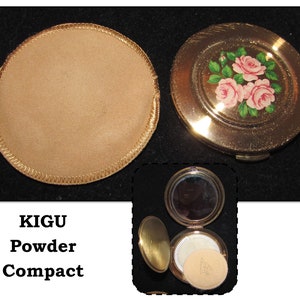 Vintage Gold Tone Mirror Powder Compact with Pink Roses by KIGU, England - UNUSED with Felt Sleeve