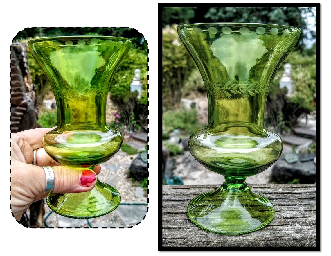 Vintage Hand Blown & Etched Green Glass Bud Vase Delicate Etsy